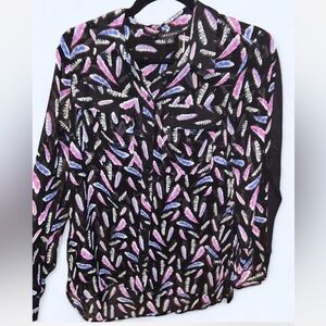 Women's Black and Pink Feather Print Sheer Blouse